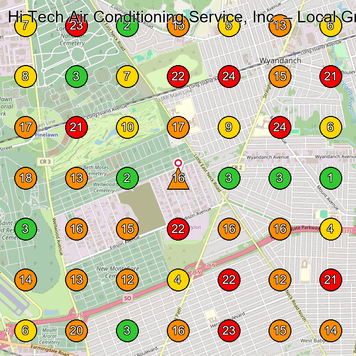 Hi Tech Air Conditioning Service, Inc. Air Conditioning Repair Service GeoGrid ranking map for West Babylon NY